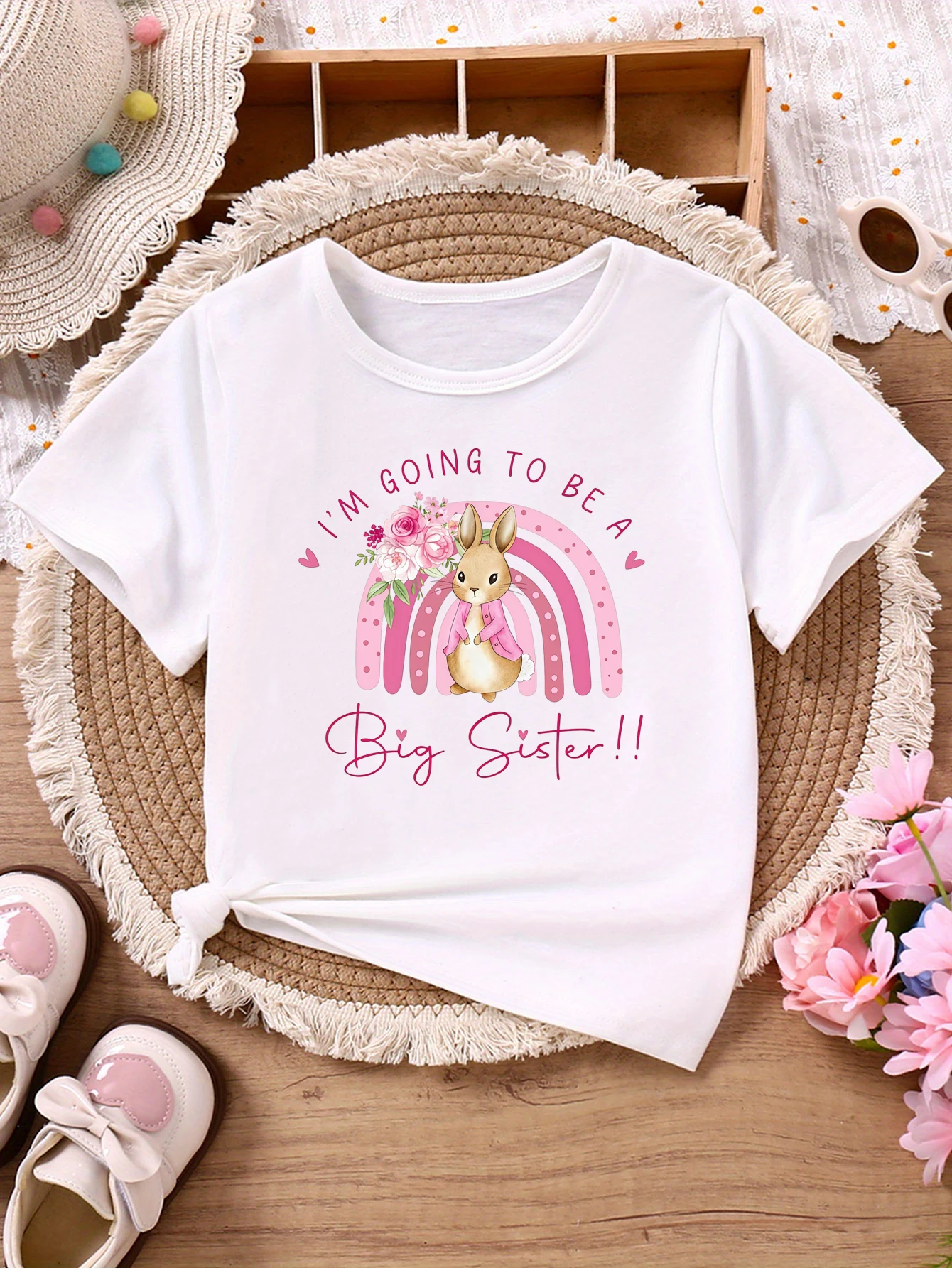 I Am Going To Be A Big Sister Rainbow Flowers Bunny Printed T Shirt Girls Pregnancy Announcement Shirt Funny Kids Clothes
