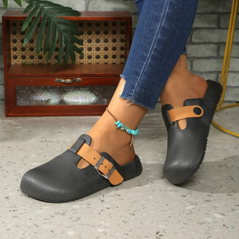 

Женские тапочки с закрытым носком, нескользящие износостойкие уличные тапочки из ЭВА на низком каблуке с пряжкой на ремне, новинка 2023 года, летние уличные тапочки на плоской подошве из ЭВА