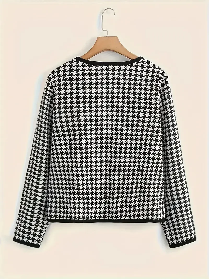 Women's Spring and Autumn Fashion Houndstooth Print Long Sleeve Jacket - Machine Washable
