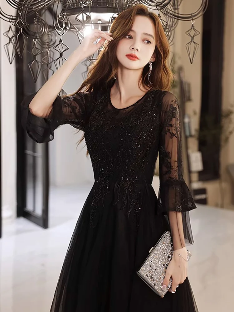 Damska Czarna Sukienka Wieczorowa Letnia Nowa Elegancka Koronkowa Sukienka z Półrękawami z Siateczki na Imprezę Lekka Luksusowa Sukienka na Bal z Dekoltem O-Neck w Kształcie Litery A