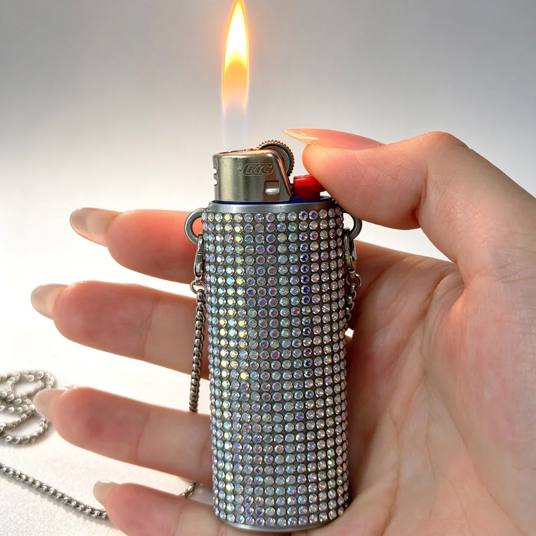 BIC J6 Lighter Case Zinc Alloy Full Rhinestone Lighter Protective Cover with Crossbody Chain Decorative Lighter Holder Gift