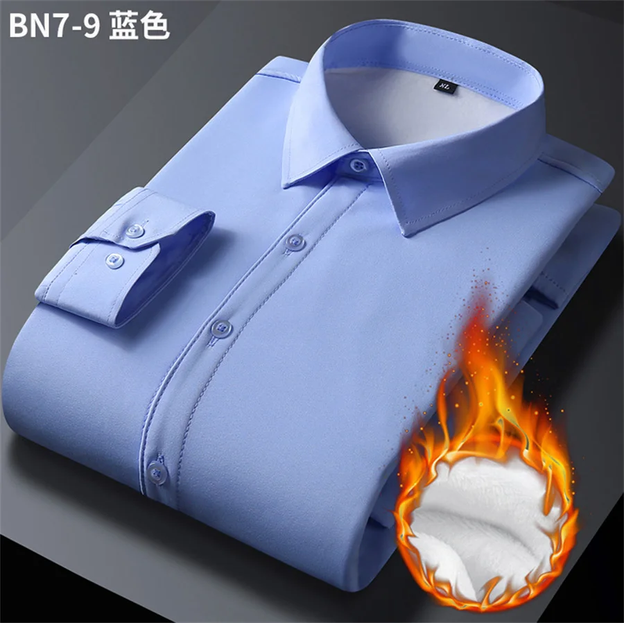 2026 Men's Autumn Winter Long Sleeve Shirt White Warm Fleece Plain Shirts Formal Business Office Wear Dress Shirts Plus Size 5XL