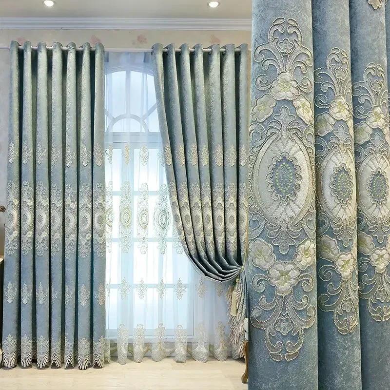 

New European Embroidered Curtains for Living Room Bedroom Simple Gold Thread Study High Blackout Light Blue Customization