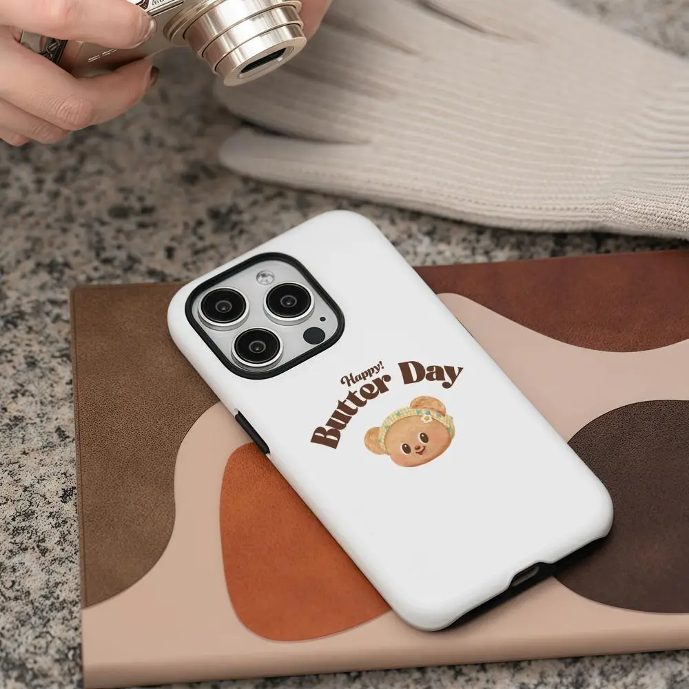 Etui na telefon Cartoon Butterbear do iPhone'a 17 16 15 14 13 12 Pro Max Plus, błyszczące, dwuwarstwowe, z płynną folią HD na tył, twarda obudowa.