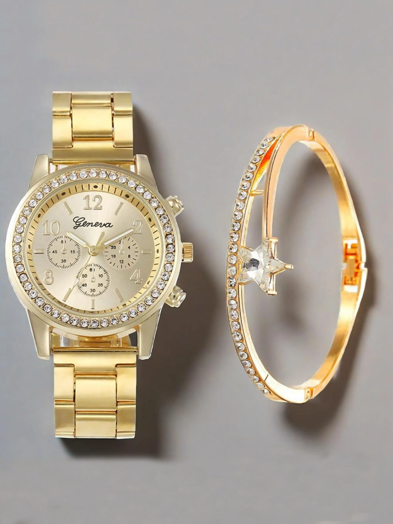 

Комплект кварцевых часов из 2 предметов/набор с бриллиантами, роскошная стальная полоса для женщин, универсальный повседневный модный комплект наручных часов