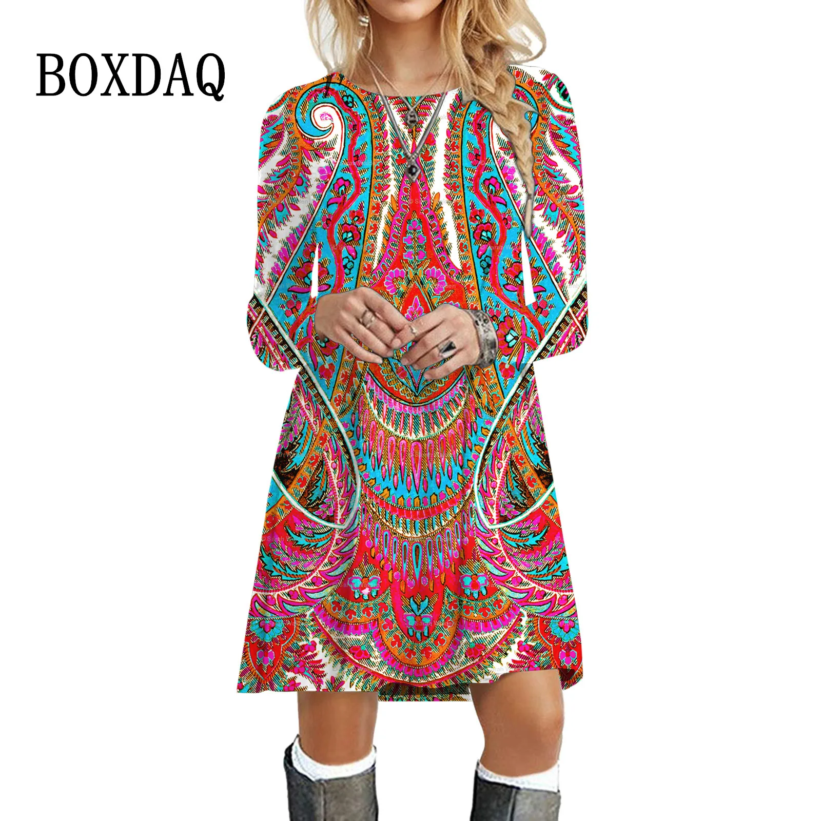 Bohemian Women Print Dress Ethnic Style Retro Long Sleeve Loose Dress Oversized Autumn Casual O-Neck Mini Dress Female Vestidos