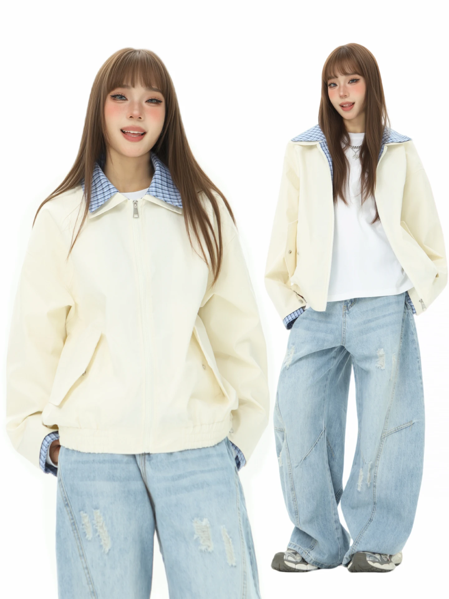 

American Retro Plaid Collar Jacket Women's Loose Couple Outerwear Spring New Style Casual Loose Polyester Fiber Zipper Closure