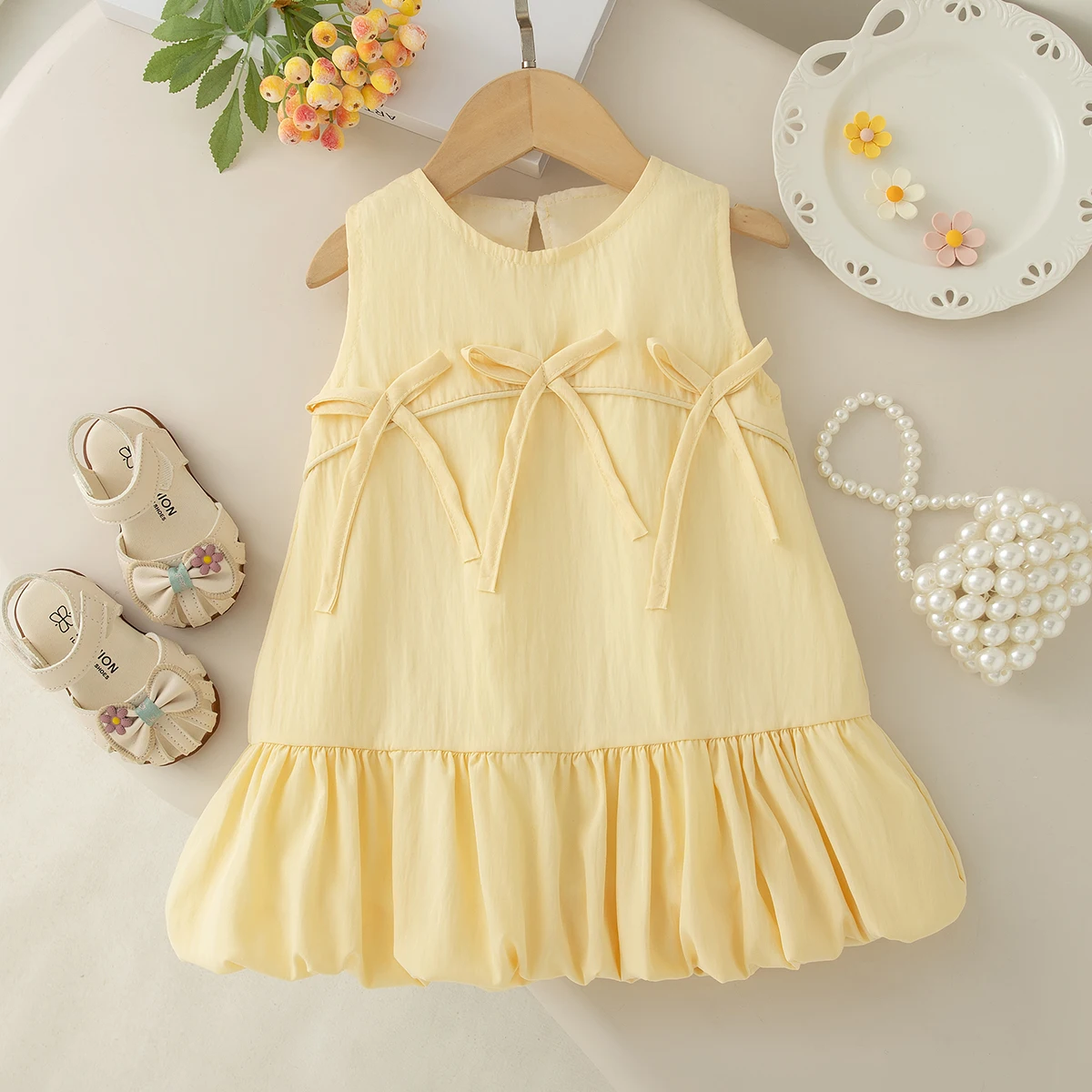 Summer New Sleeveless Dress For Baby Girls With Sweet Bow, Suitable For Daily Outdoor Children'S Clothing (9 Months To 4 Years)
