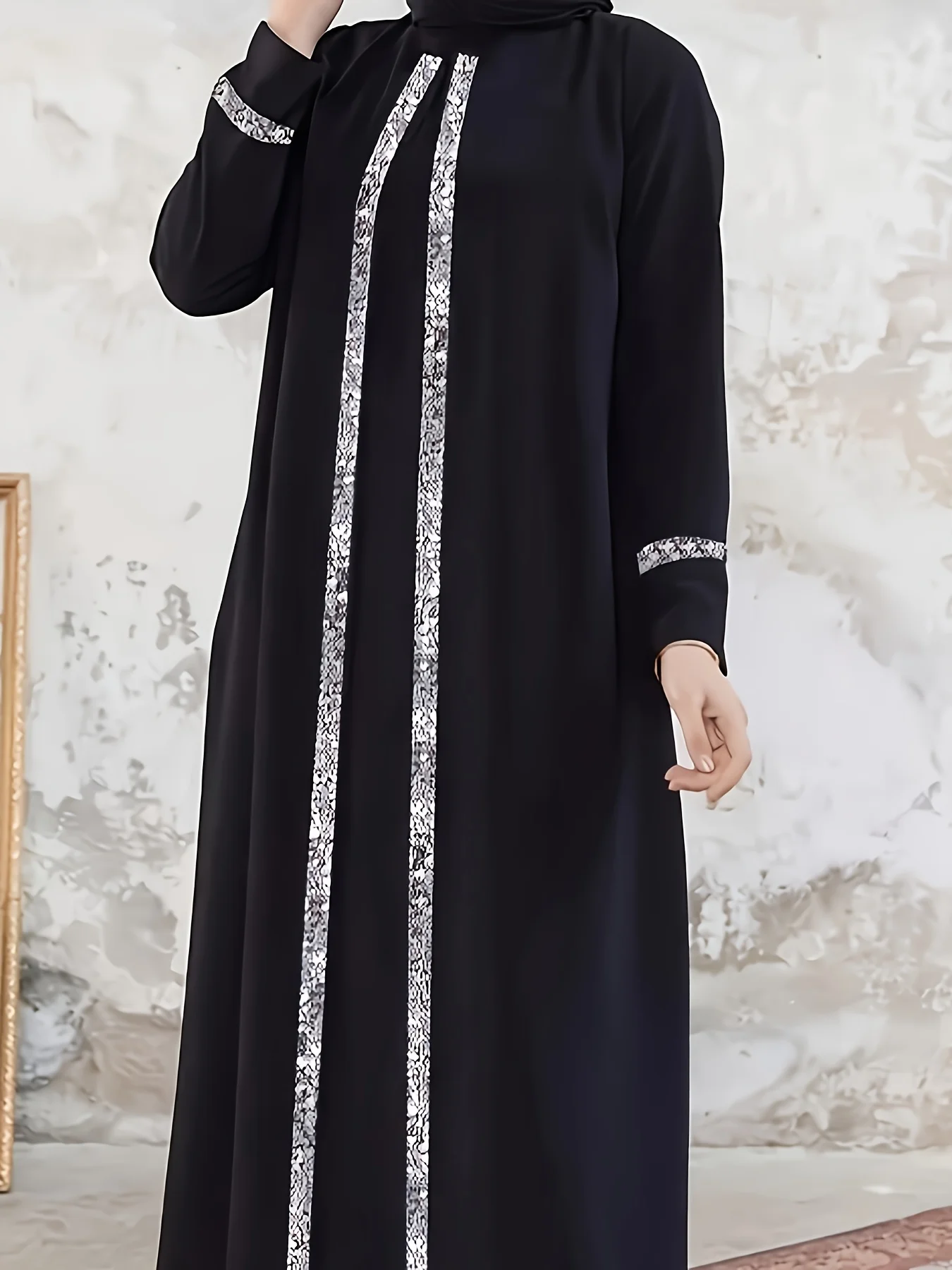 Damen Casual Eleganter Orientalischer Stil Ramadan Pailletten-Details Schwarzer Langarm-Robe-Jumpsuit Langer Rock – Detail 4