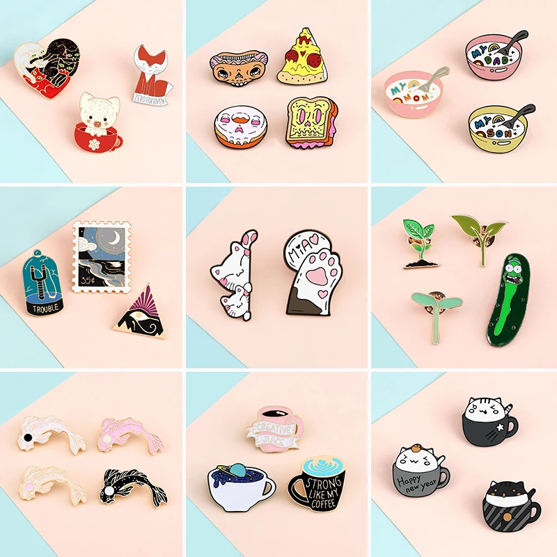 2~4pcs/set Cute Cat Brooches Cartoon Fish Fox Cup Leaf Bowl Stamp Pizza Enamel Pins Animal Lapel Badge Bag Jewelry Friends Gifts