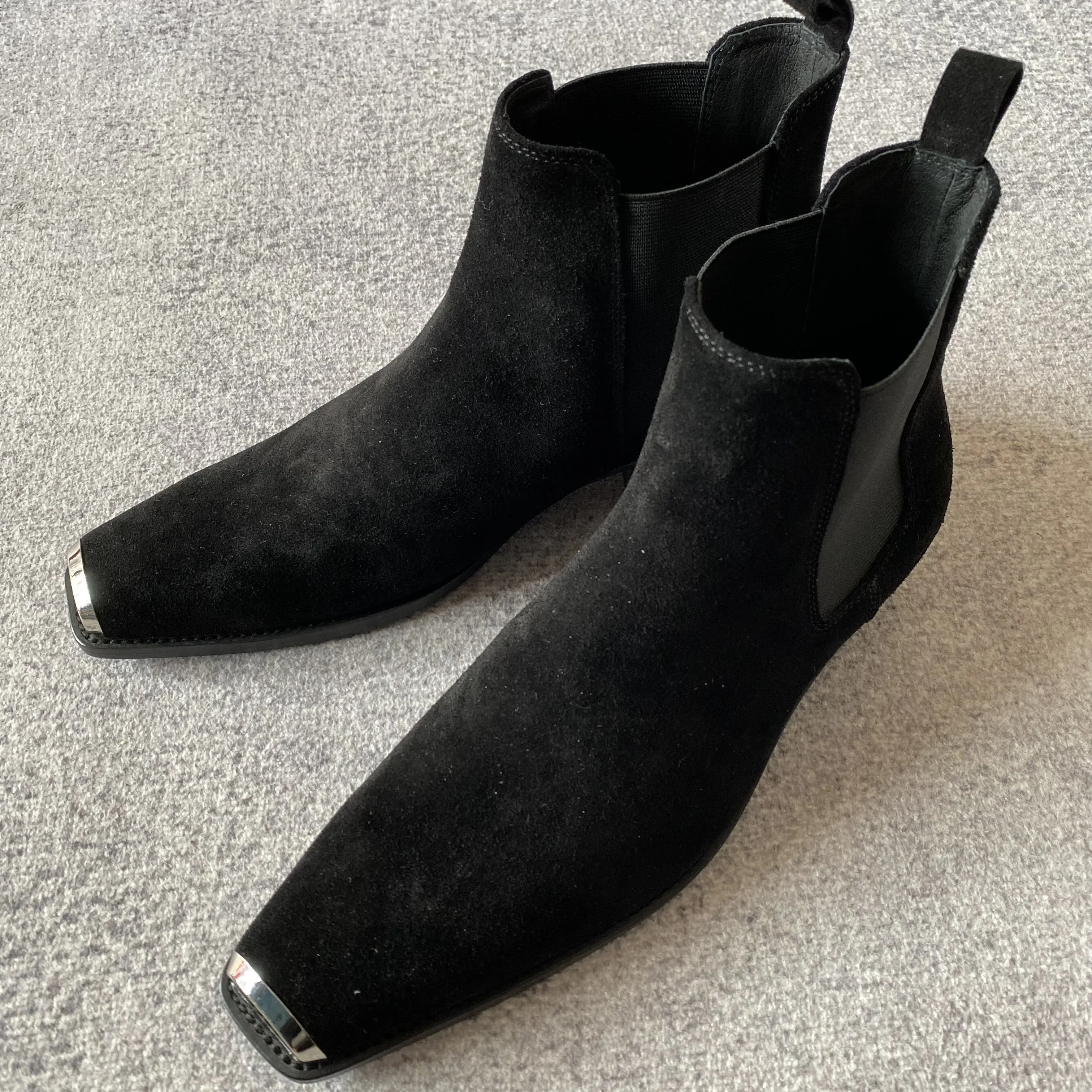 

Handmade Factory Men Real Picture Slip On 5cm Heel Metal Toe Chelsea Men Boots Slim Fit Quality Booties