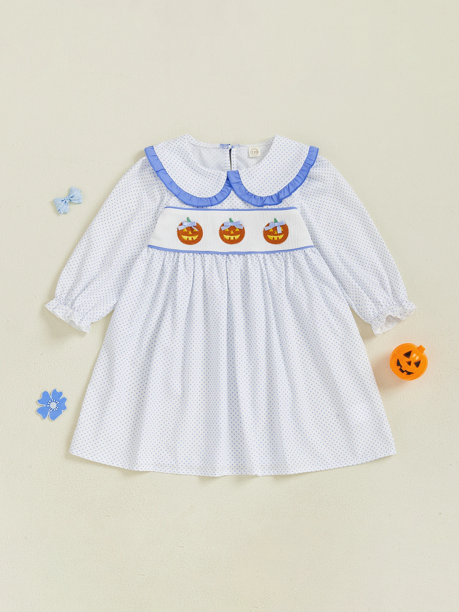 

Toddler Girl Halloween Costume Dress with Pumpkin Embroidery and Polka Dot Print Doll Collar Long Sleeve Fall Dress for