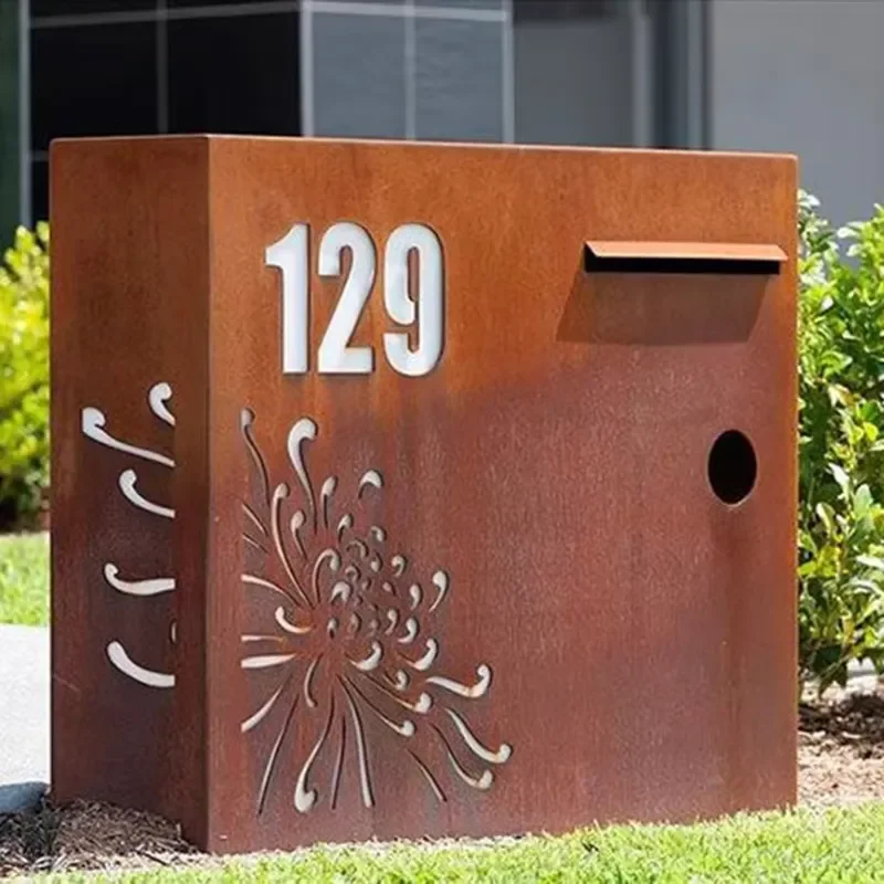 Corten Steel Rustic Mailbox with Lockable Design Customized Corten Steel Number Mailbox for Villa