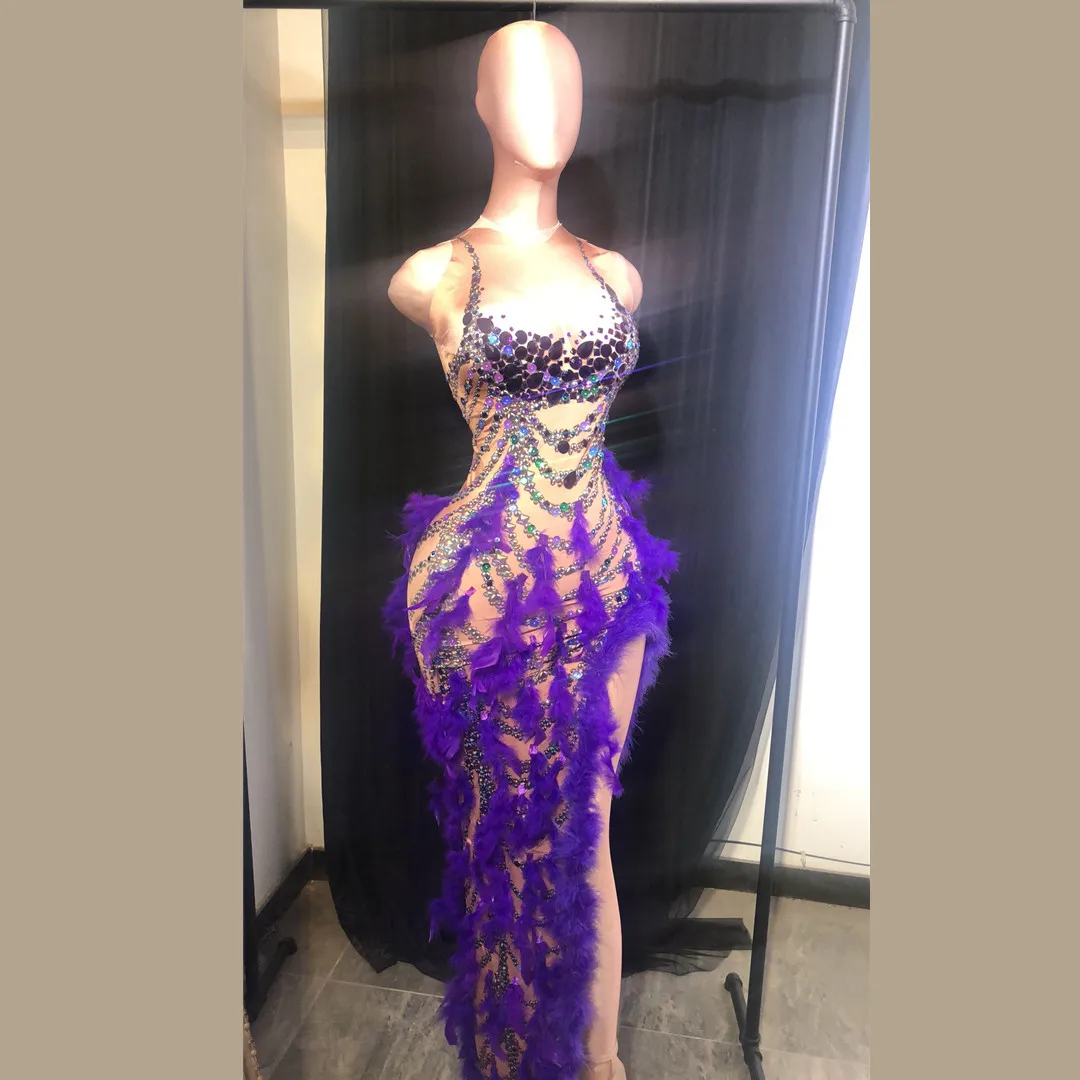 Women Mermaid High Split Evening Dress with Feathers Sexy Rhinestones Purple Prom Dresses Pageant Formal Gowns Abendkleider