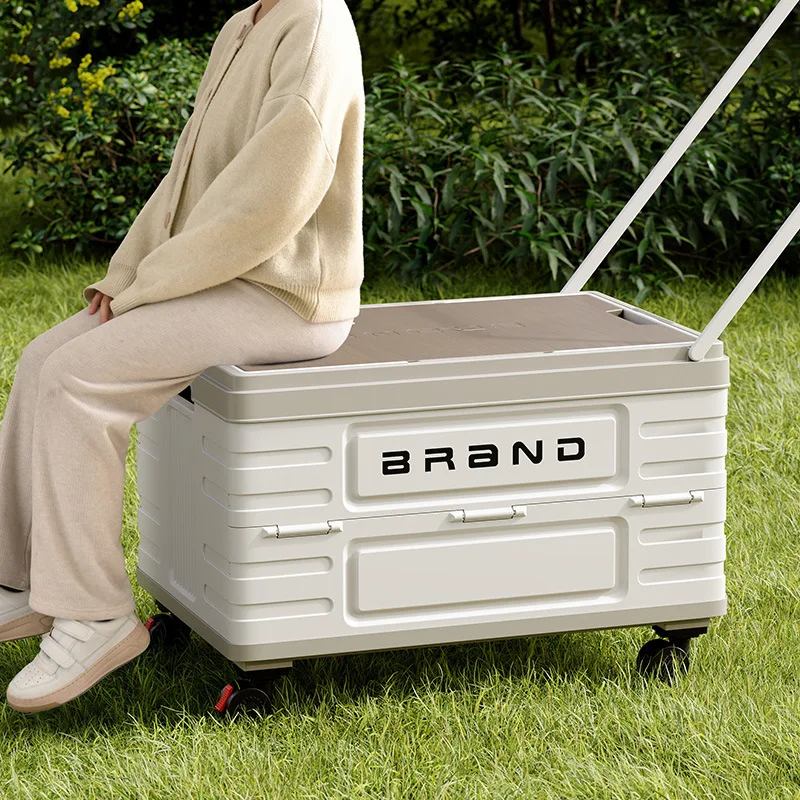 Large Capacity Outdoor Camping Car Storage Box with Wheels Portable Lightweight Foldable Hand Pulling Trolley for Vehicle Trunk