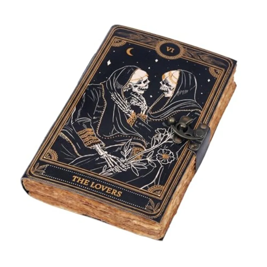 

C Book of Spells Leather Journal Deckle Edge Paper Grimoire Printed Journal The Lovers Tarot Notebook Spiral Gothic Notebook Sk