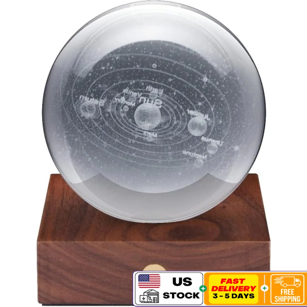 Amber Crystal Ball Night Light Solar System 3D Laser Engraved Touch Control Rechargeable USB-C Walnut Wood Base Home Decor