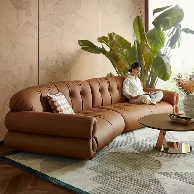 French retro caramel leather, sofa size apartment three-person living room household first-layer cowhide sofa combination