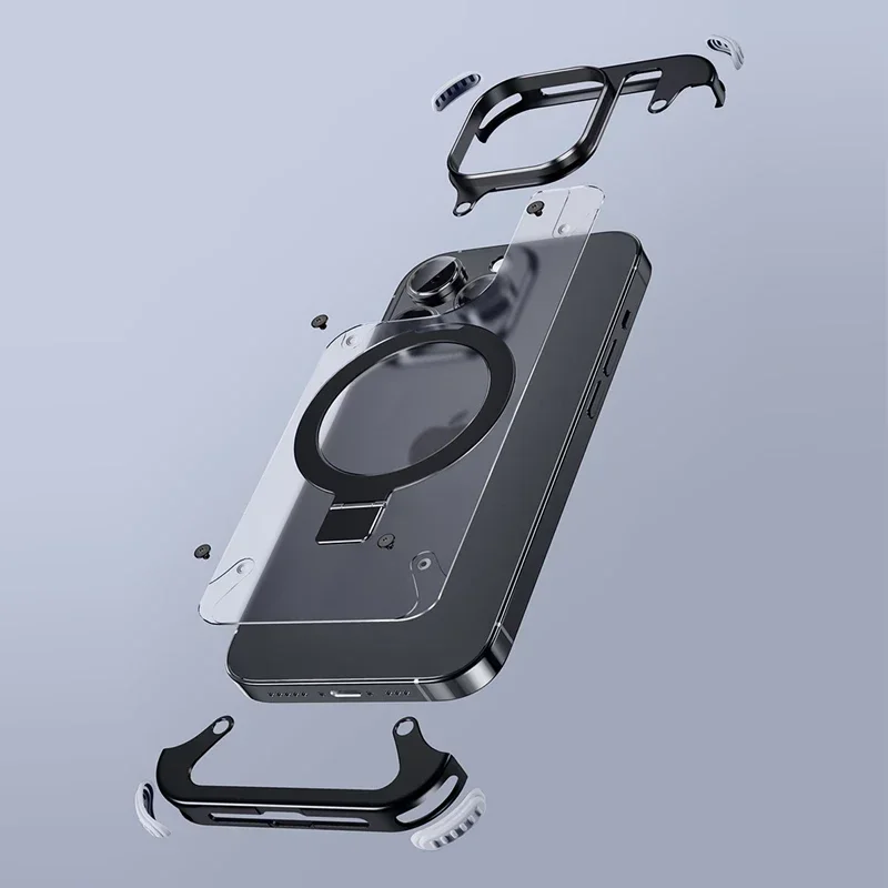 Aluminum Alloy Magnetic Stand Rimless Phone Case For iPhone 13 14 15 Pro Max 15 Pro Metal Lens Shell Frosted Matte Back Cover image 3