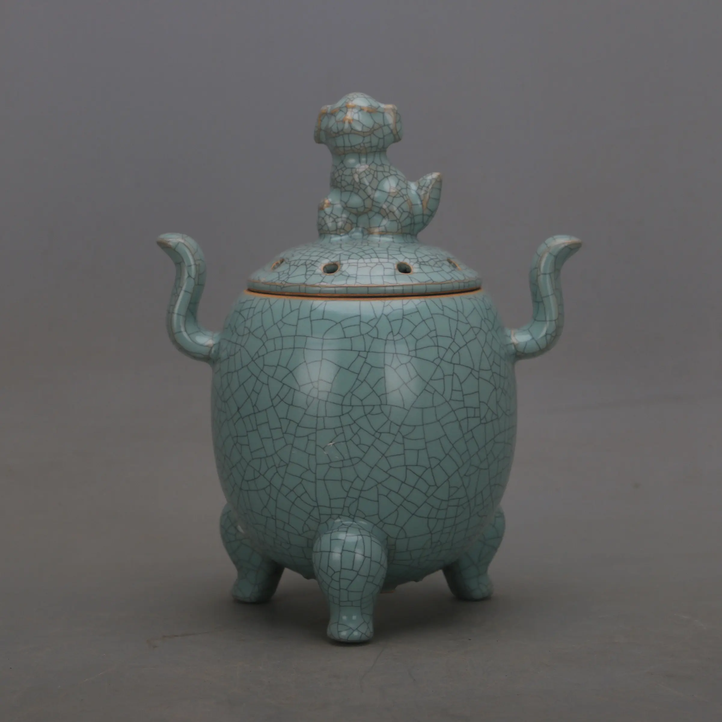 Chinese Song Dynasty Ru Ware Celadon Nine Sons Chiwen Dragon Fish Teapot Vintage Five Kilns Porcelain Home Decor