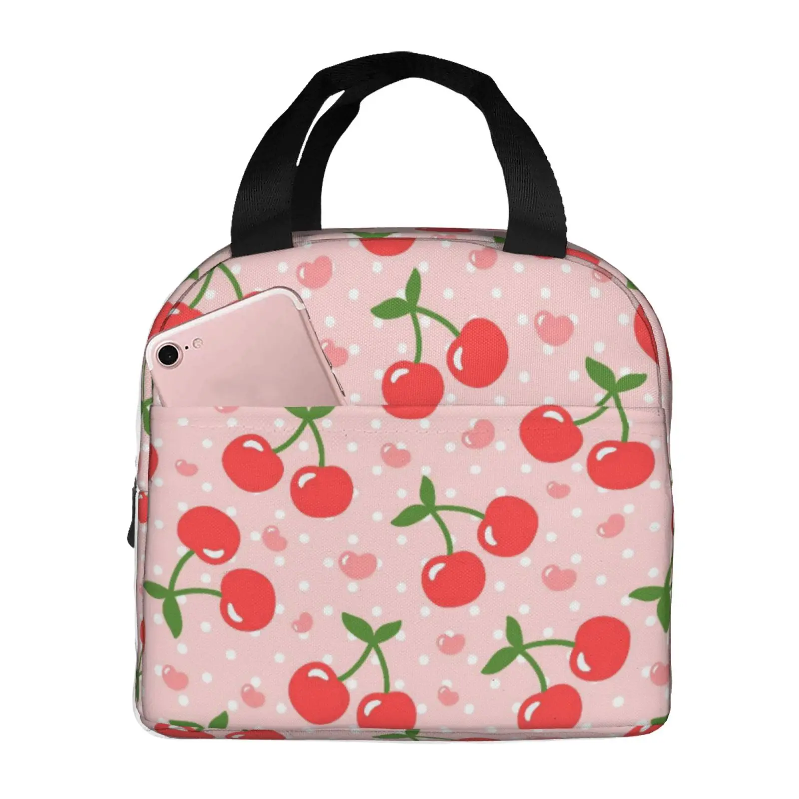 Cherry Love Print Insulated Lunch Bag for Women Men Portable Thermal Cooler Insulated Lunch Box Picnic Travel Food Tote Bags