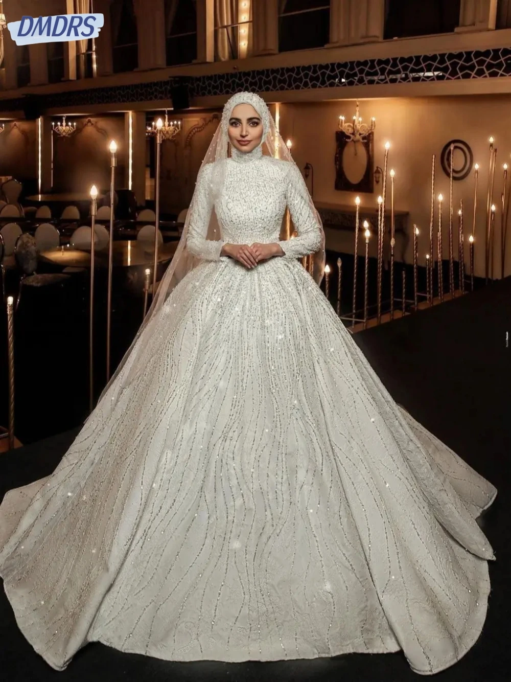 Abiti da sposa di lusso con collo alto abito musulmano fantasia a maniche lunghe per la sposa abito da sposa scintillante al pavimento Vestido De Novia