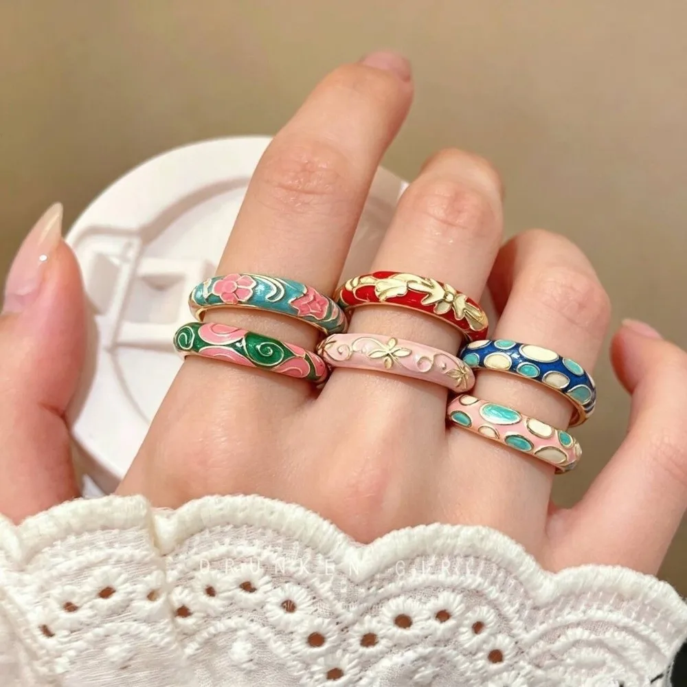 Elegant Chinese Style Drip Oil Ring Vintage Ethnic Enamel Statement Ring Adjustable Colorful Floral Pattern Ring Party