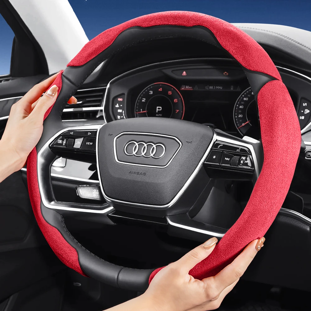 Suitable for Audi Sports Suede Steering Wheel Cover, Split Snap-On Anti-Slip Style, Compatible with Models Such as Q5, Q3, A4, A6, Q7, Q8, Q4, Q6, E-Tron, A3, A5, A7, Q2, Etc., in Black and Red
