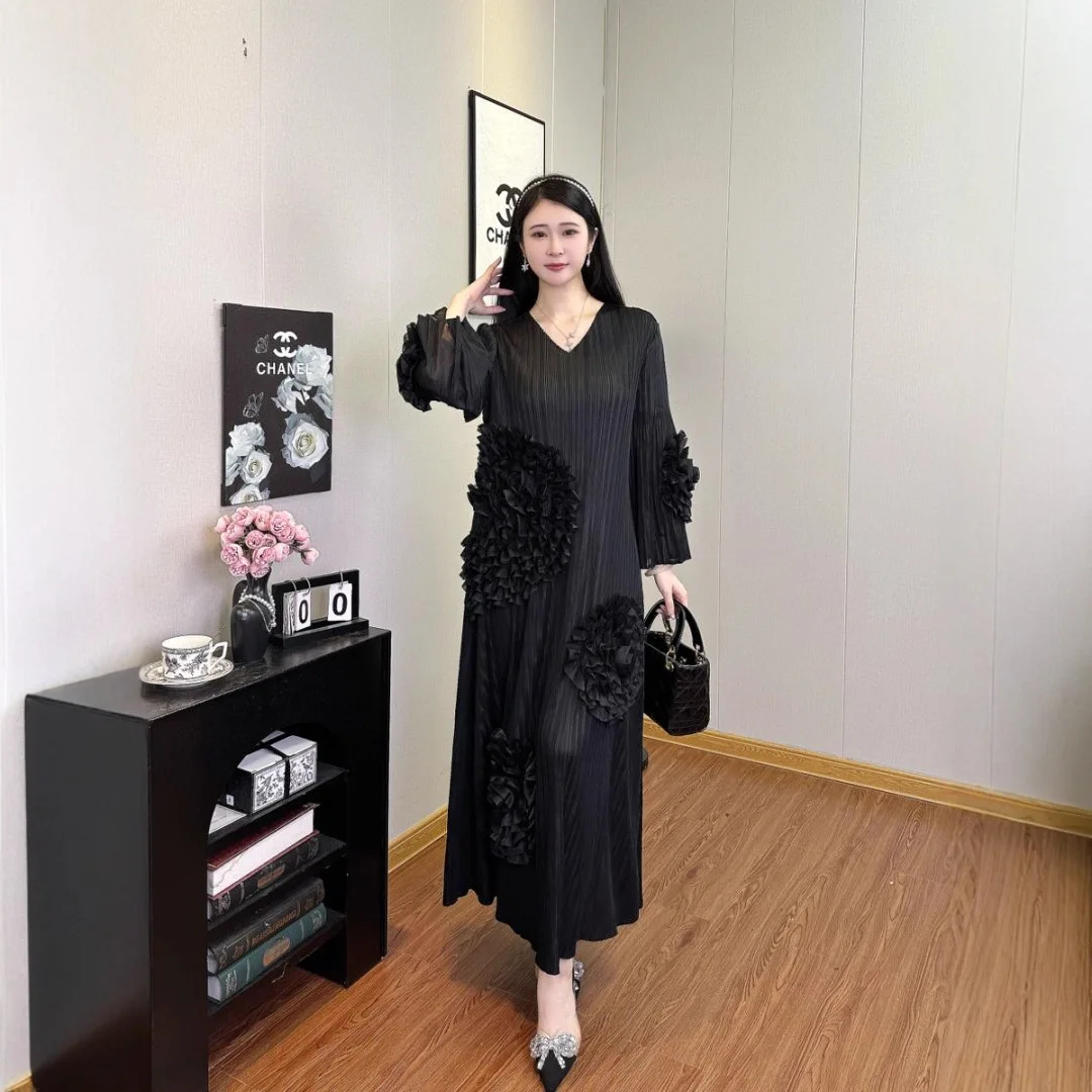 

Miyake Tie Flower Design Women's Dress High-Quality Texture Loose Flared Sleeves Elastic Loose Casual Famale Clothing