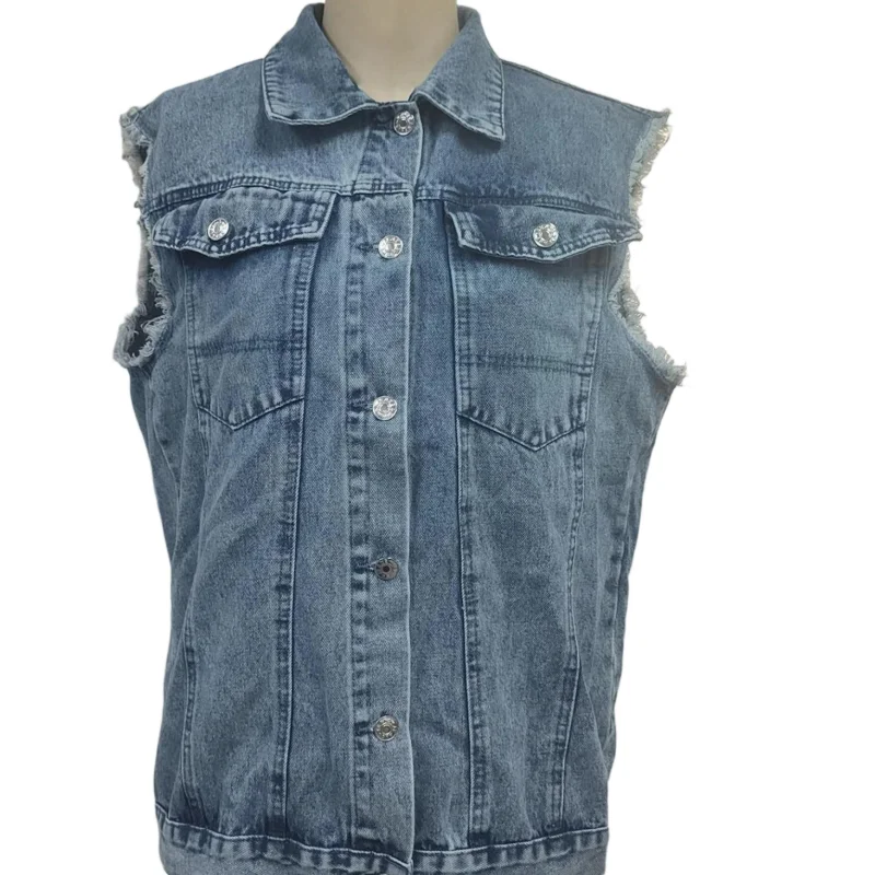 Women Demin Sleeveless Vest for Summer, Casual Jean Top Soft Demin Vest Jacket, Frayed Lapel Waistcoat Top with Pockets