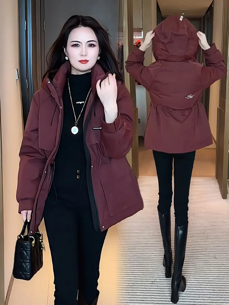 Pike Women's Cotton Jacket Winter Thickened Warm Coat Hooded Waist-Cinching Long Zipper Closure  Color Fashion Outerwear