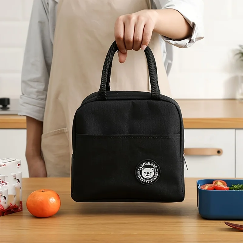 Black Cationic Insulated Lunch Bag, Thermal Food Tote for Work School Picnic, Portable Cooler Bag 1-Pack