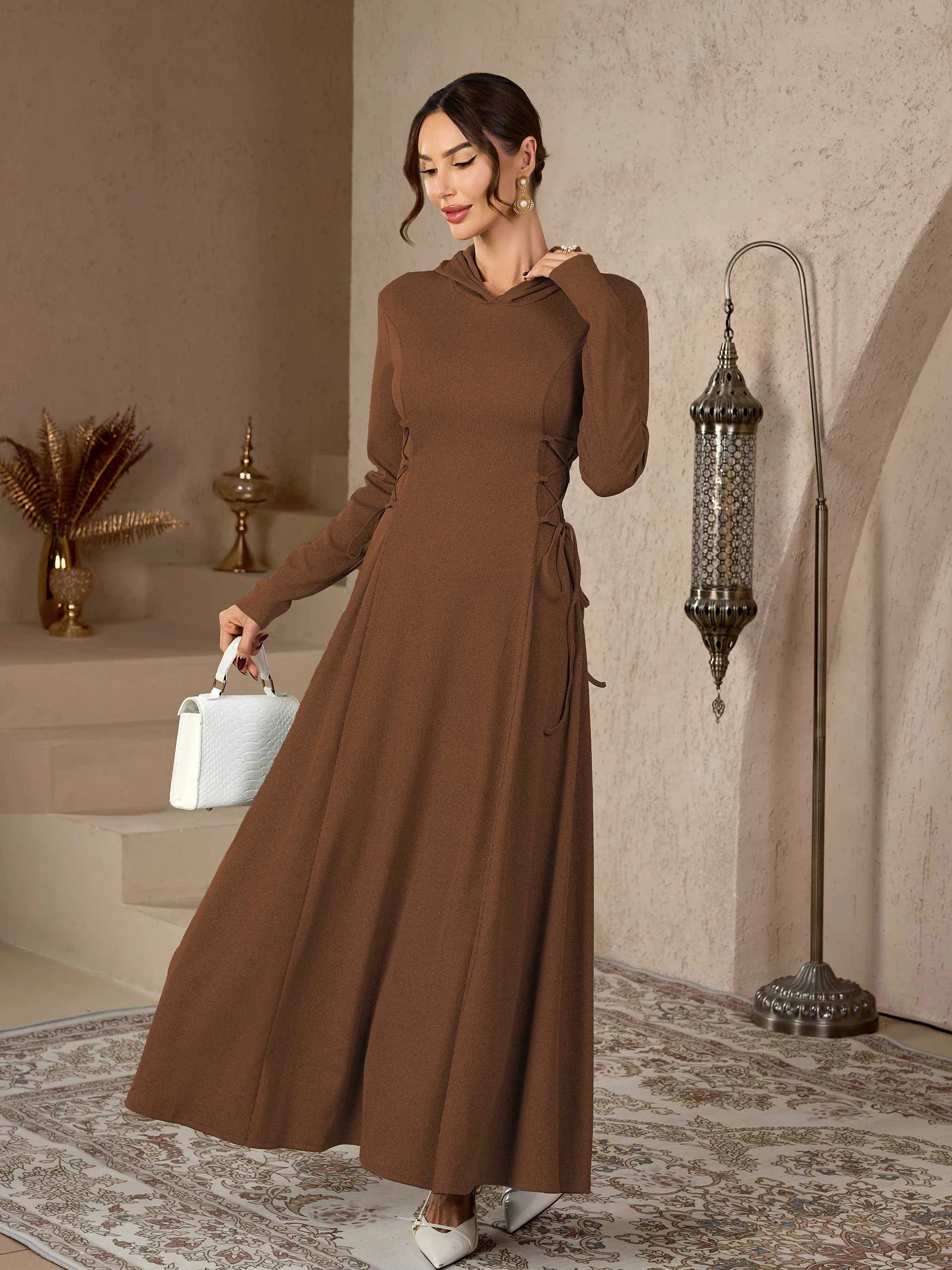 

New Coffee Muslim Abaya with Stand Collar Exquisite Enthic Embroidery Ideal for Islamic Festivities and Ramadan Celebrations