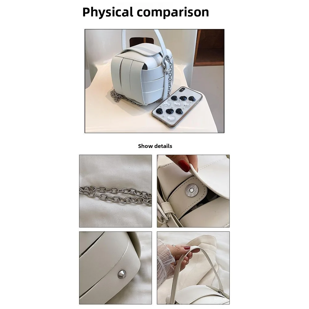 2025年新作 編み込みバケットバッグ トレンドチェーンスモールバッグ カラーコントラスト シングルショルダー クロスボディバッグ