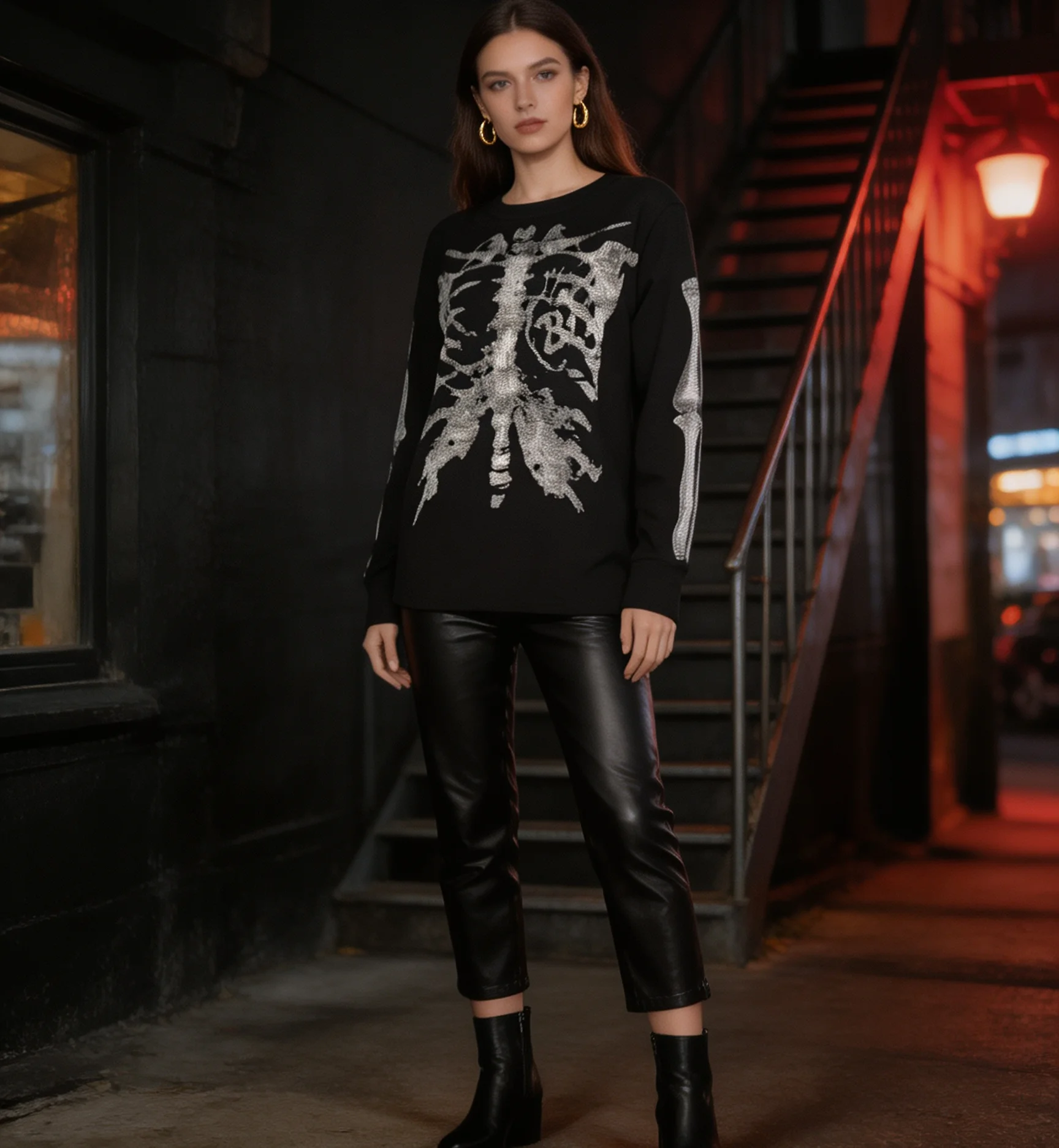 Herbst- und Winter-T-Shirt im amerikanischen Street-Punk-Stil mit Sternum-Print, trendigem, coolem Design und Waffelstruktur. – Detail 4
