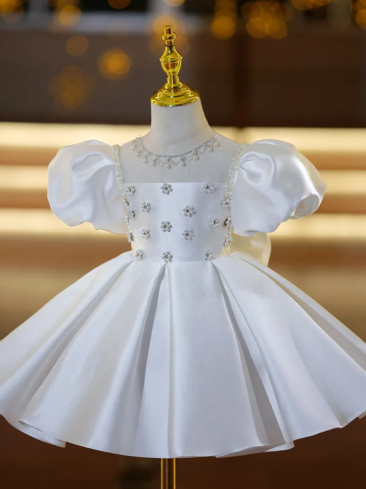 2024 Dresses for Elegant Party Girls Kids Beading Satin White Dress for Christening Infant Flower Girl Ball Gown for Weddings