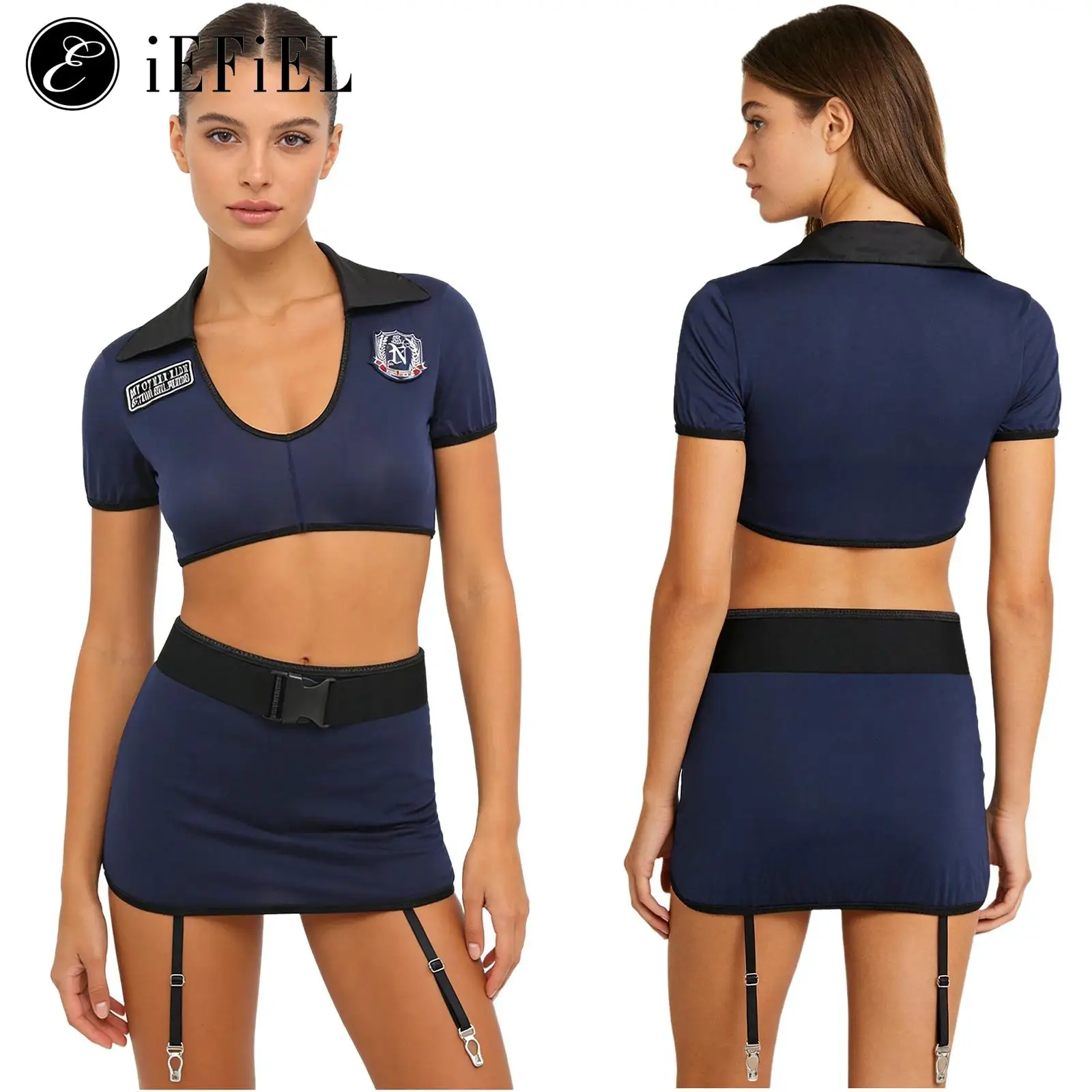 

Womens Policewoman Cosplay Lingerie Set Short Sleeve Crop Top with Garters Miniskirt T-back Thong Carnival Dating Night Clubwear