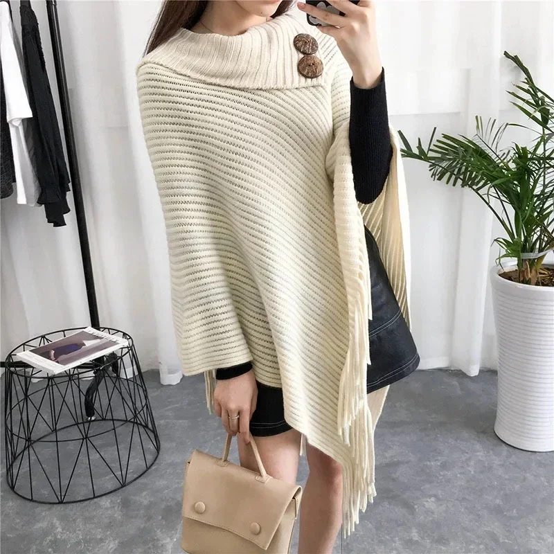 Lente Herfst Nordic Design Knoop Hoge Revers Cape Heldere Zijden Trui Losse Pullover Mouwloze Dame Buiten Koffie