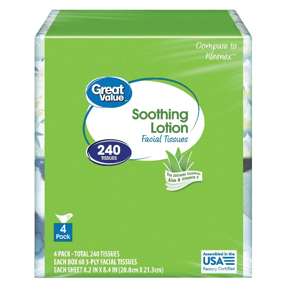 Soothing Lotion Facial Tissues 4 Cubes 60 Tissues per Cube 3-Ply