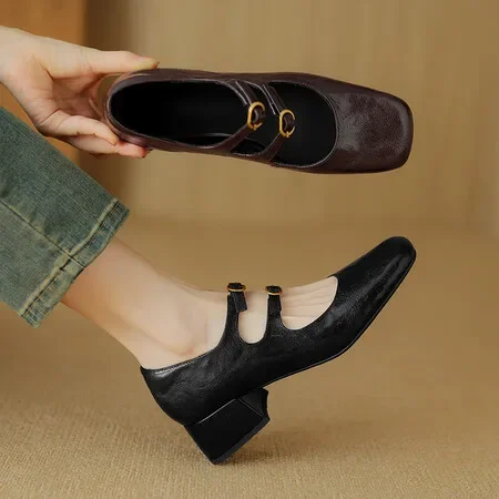 

Low Heels Mary Janes Shoes for Women Dress Pump 2024 Sheep Genuine Leather Women's Heeled Party Office Wedding Lolita Shoes Lady