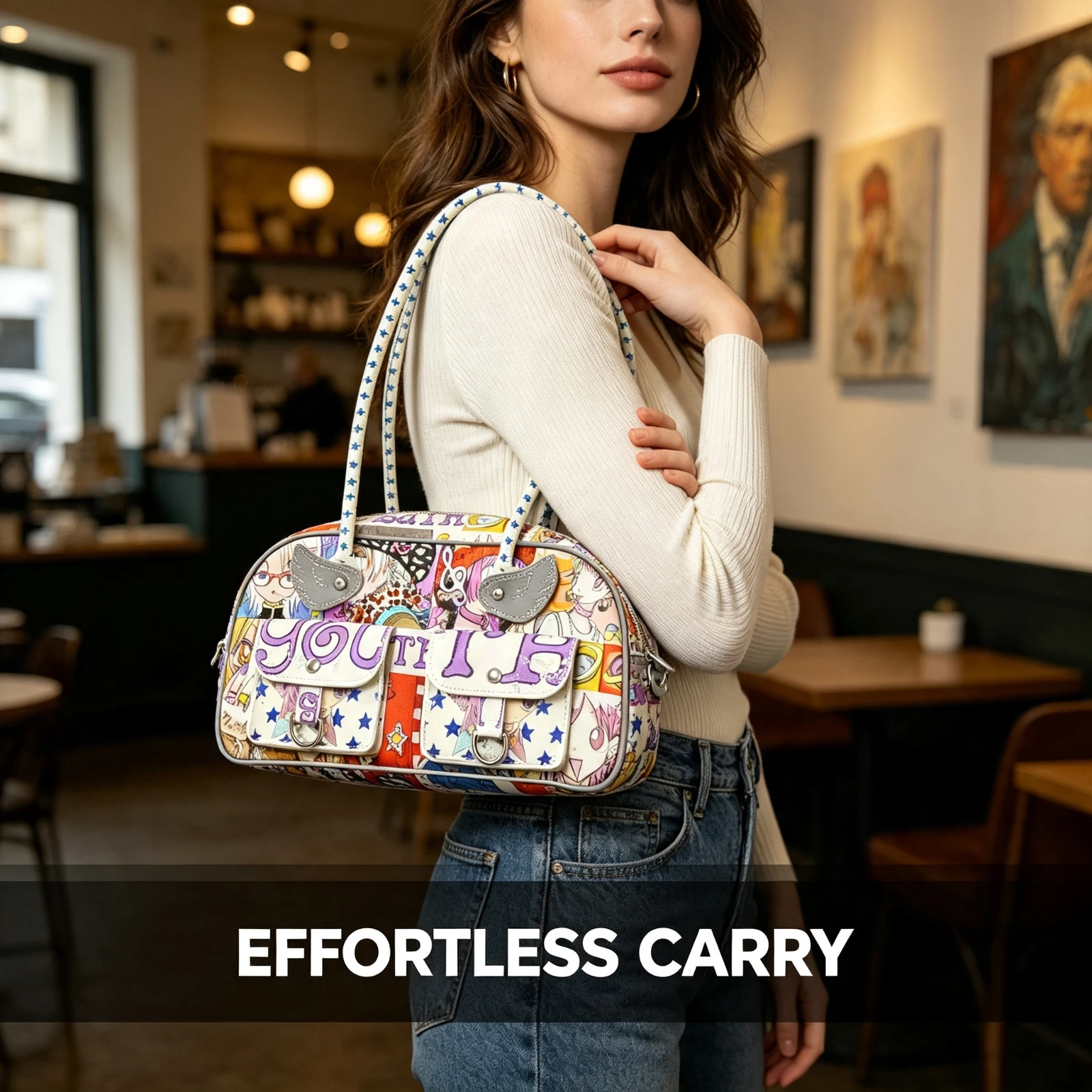 Y2K Anime Boston Bag Retro, Mangas Collage Print Shoulder Handbag, Purple Youth Typography Star Pattern, Handle Kawaii Tote Gift