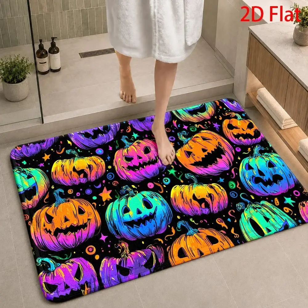 1pc, 2pcs, 3pcs, 2D Flat, Halloween Glow-In-The-Dark Jack-O-Lantern Bath Rug Sets, Vibrant Neon Pumpkin Bathroom Mat, Soft Comfortable Easy-To-Care-For Indoor Rug, Perfect for Bathrooms Kitchen Bedrooms