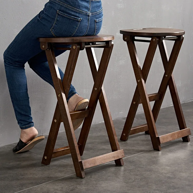 

Household Solid Wood Foldable Round Stools Living Room High Folding Stool Space Saving Bar Stool Kitchen Ladder Chair