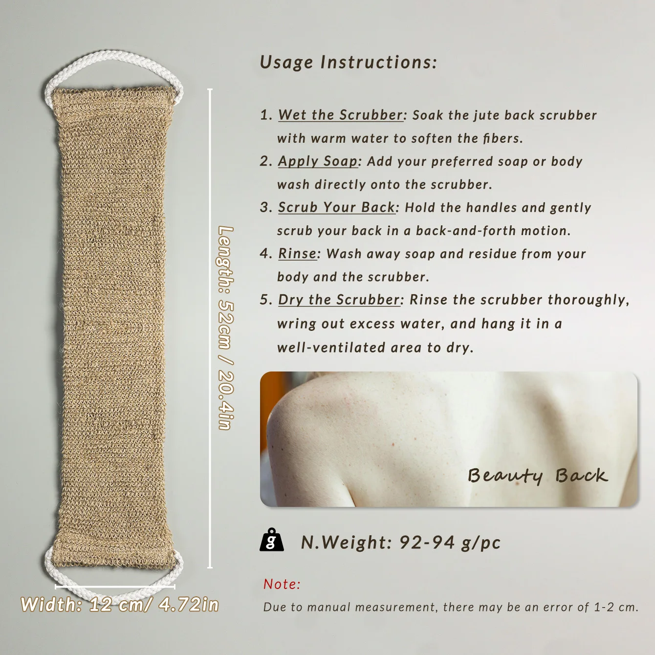 جهاز تنظيف الظهر لتقشير الجوت الطبيعي، قطعة واحدة من مقابض القطن الشديدة وحزام حمام قوي للتنظيف العميق #6