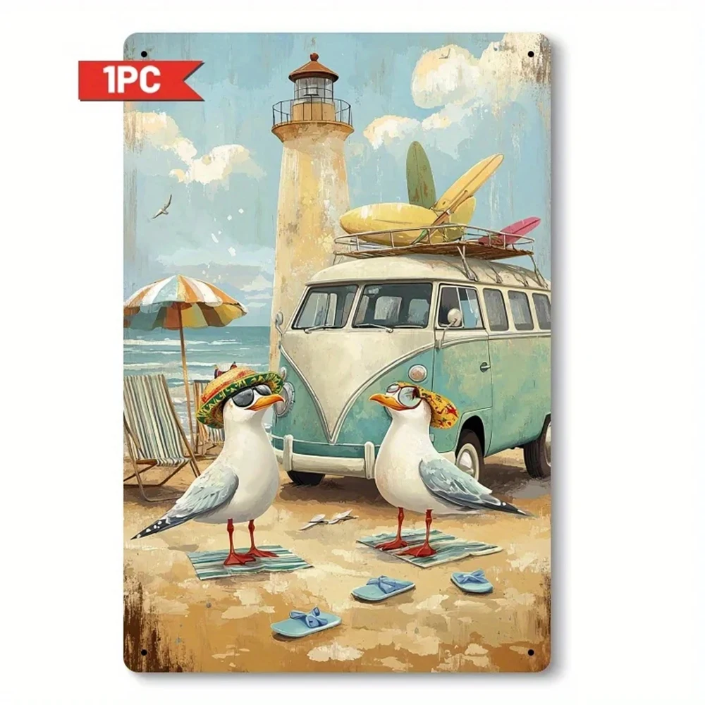 Vintage Lighthouse Surfing Metal Sign Iron Made 8x12inch Retro Wall Decor Sign Suitable for Beach Houses, Garages, Cafes