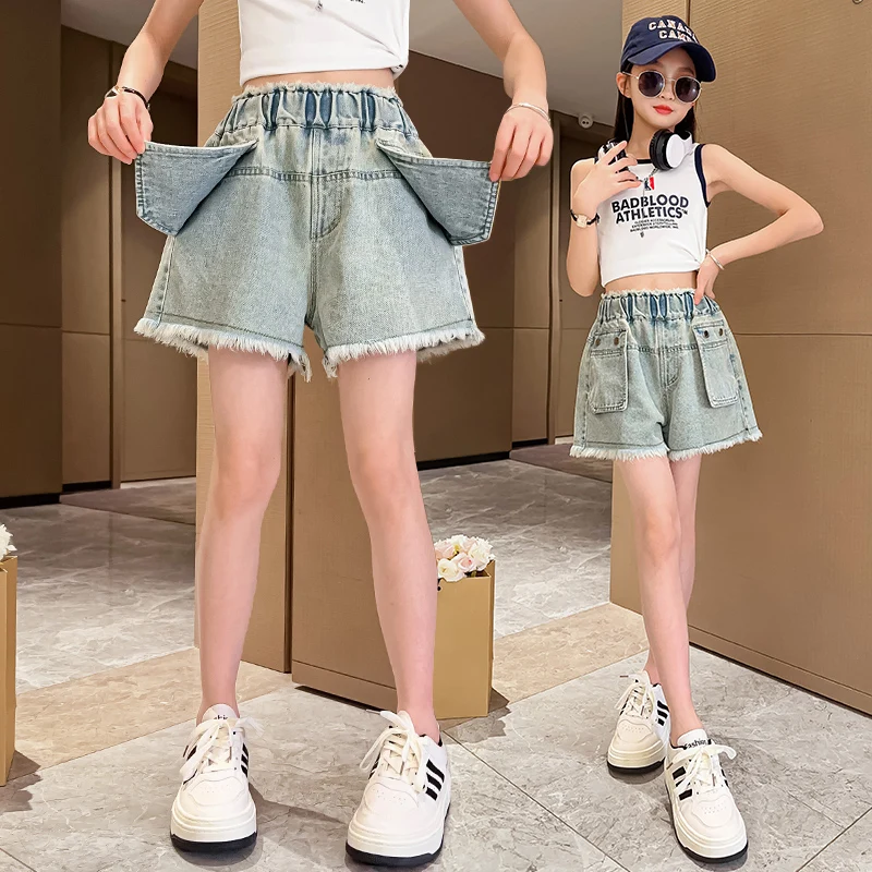 Kids Child Hip Hop Streetwear Distressed Denim Shorts with Raw Hem for Girls Korean Style Harajuku Classic Knee Length Jeans