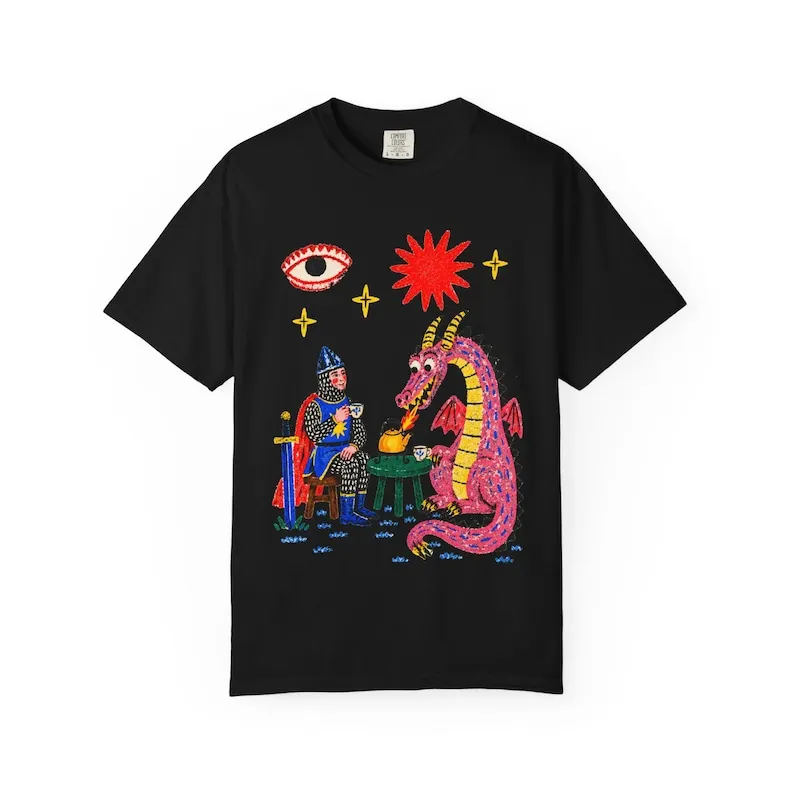 Dragon Tea Party Folk Art Tee, Knight & Pink Dragon Graphic T-Shirt, Whimsical Fantasy Botanical Tea Party Casual Top, Unisex Storybook Art Short Sleeve Shirt