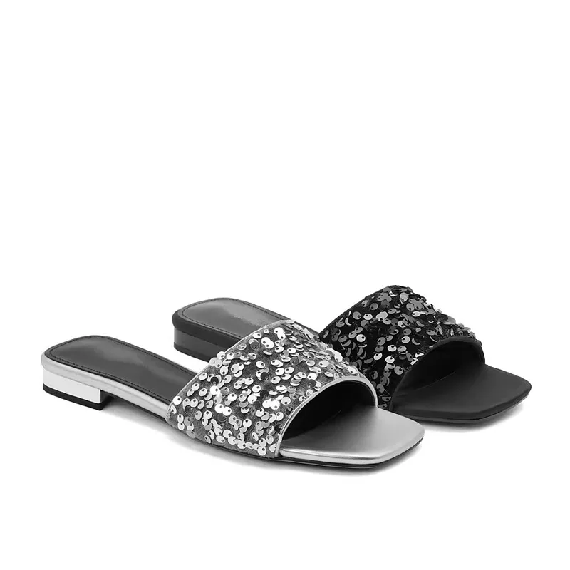 Sequin Slippers Women Shoes Summer Square Heel Comfortable Walking Shoes for Women Sandals Square Toe Open Toe Women's Slippers