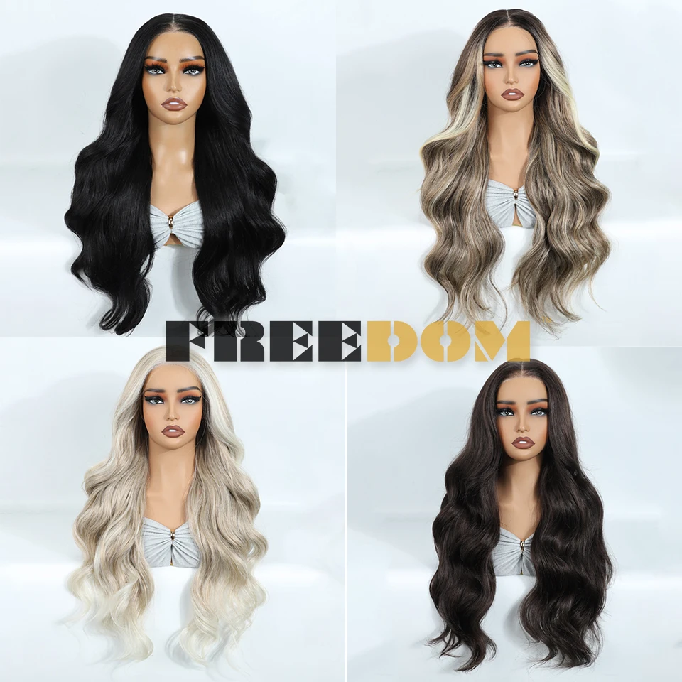 FREEDOM Synthetic Lace Front Wigs For Woman Long Body Wave Wear and Go Glueless Wig Ombre Brown 6x4 Pre Plucked Pre Cut Lace Wig