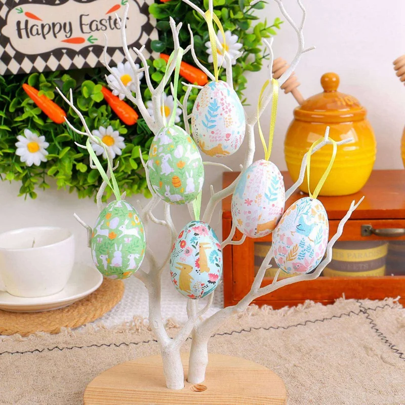 6pcs Plastic Bunny Painted Easter Eggs Pendant Hanging Easter Tree Basket Colorful Eggs Ornament Easter Party Kids Gift decor